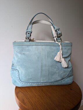 Coach 5007 Teal Hampton Suede Carryall/Tote Bag